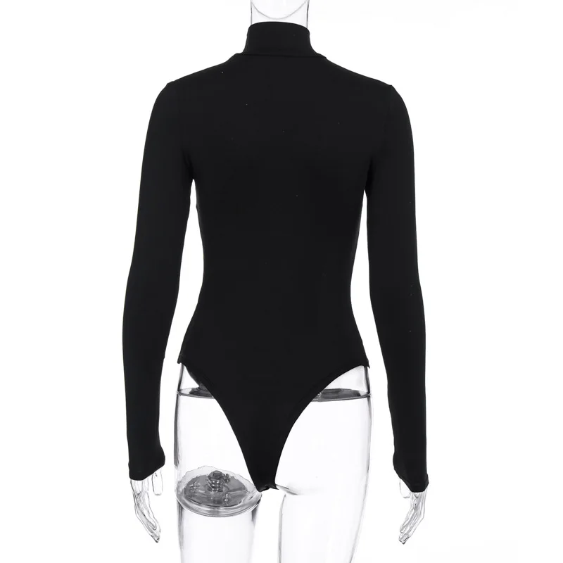 

Geometric Print Black Mock Neck Long Sleeve Bodysuit Spring 2020 Fashion Bodycon Body Suits Woman Tops