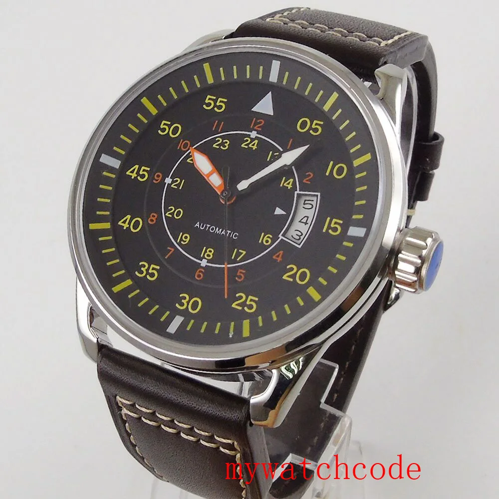44 мм черный циферблат 24 часа желтые отметки окно даты автоматическое движение