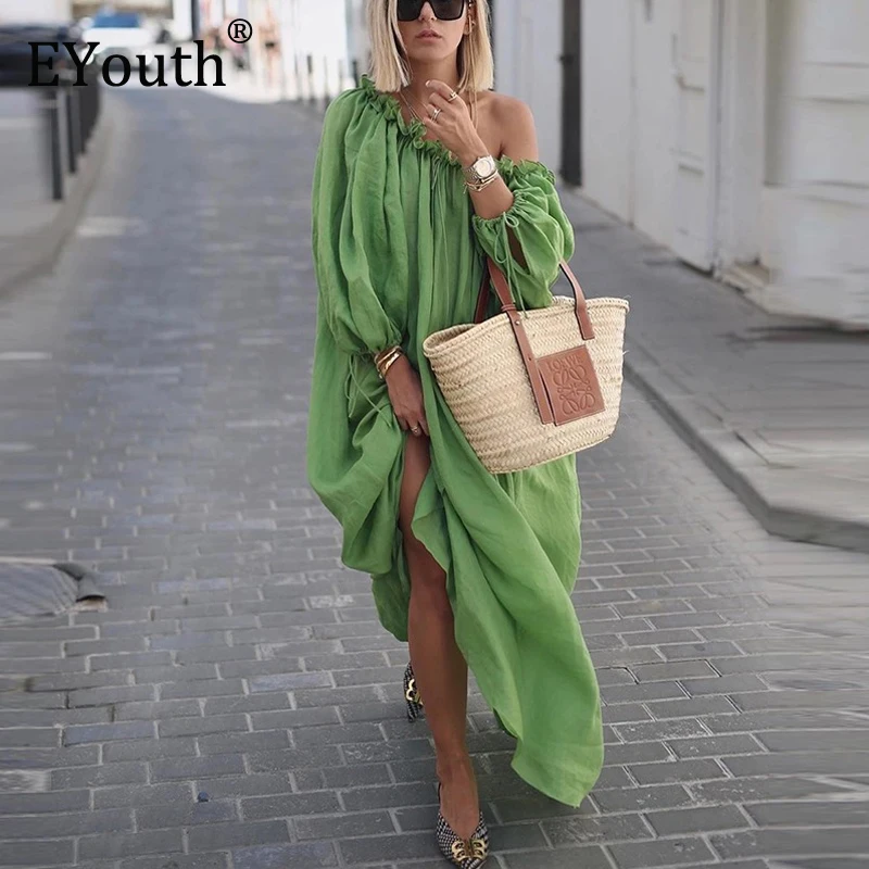 Женское длинное платье макси с открытыми плечами и воланом|Женские платья| |