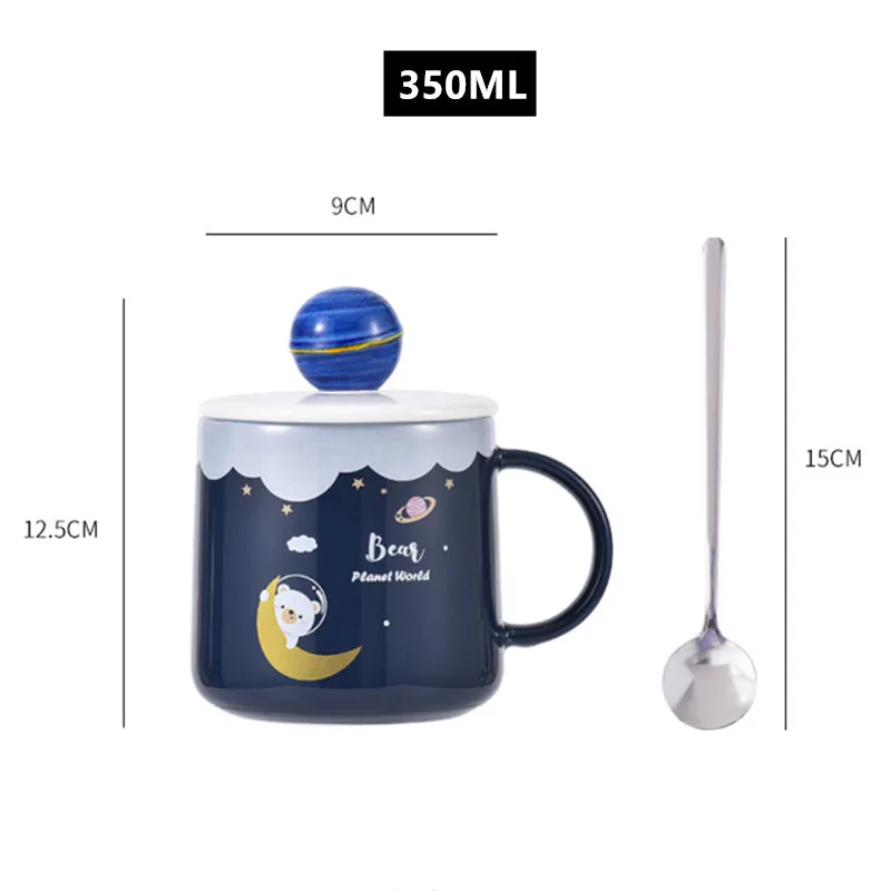 

350ml Cartoon Planet Ceramics Mug With Lid and Spoon Coffee Milk Tea Mugs Breakfast Cup Drinkware Novelty Gifts
