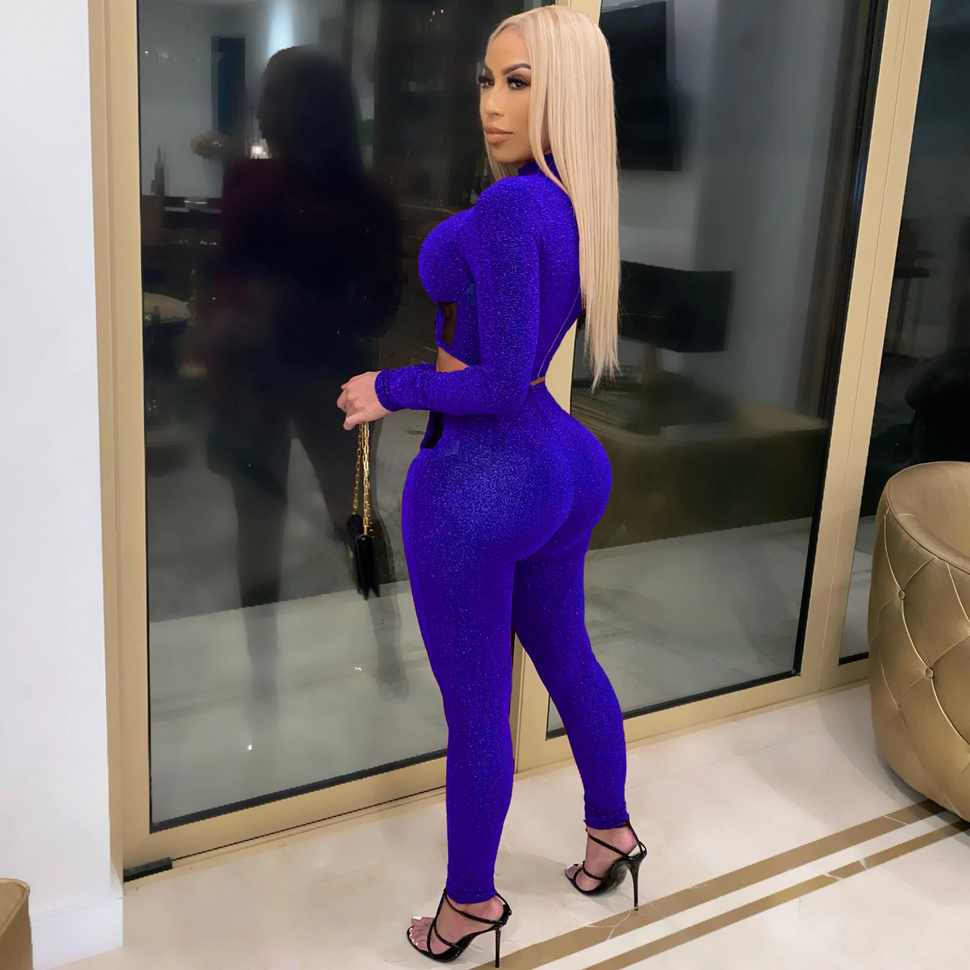 

hirigin Sexy Mesh Sheer Two Piece Set Jumpsuit Long Sleeve Crop Top+Stacked Pants Tracksuit Fall Clothes for Women Matching Sets