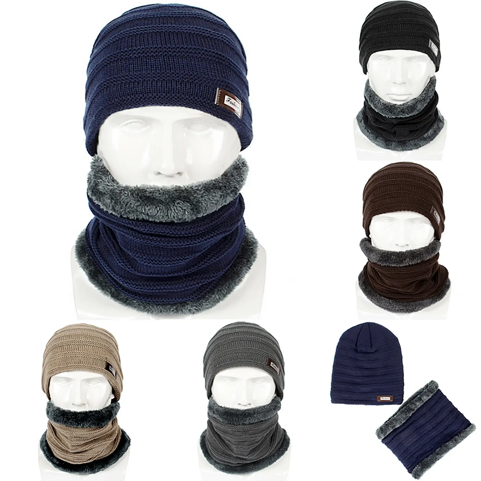 

Men Women Balaclava Hat Scarf Gloves Winter Knitted Beanie Warmer Hat Cap 3PCS