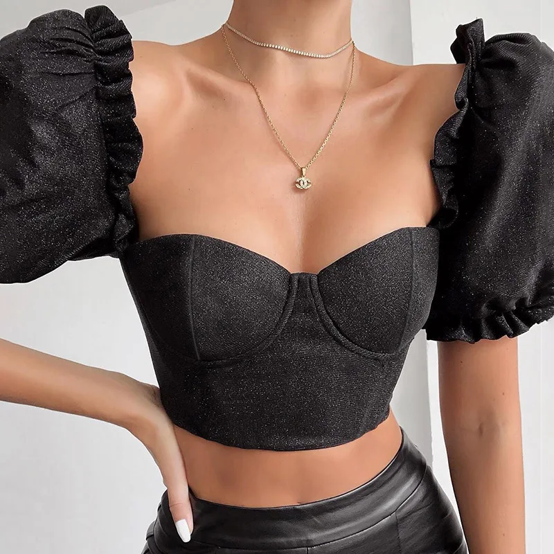

2020 Black Square Collar Sexy Crop Top Women Puff Sleeve Shinny Short Christmas Tank Top Casual Backless Slim Women Tops