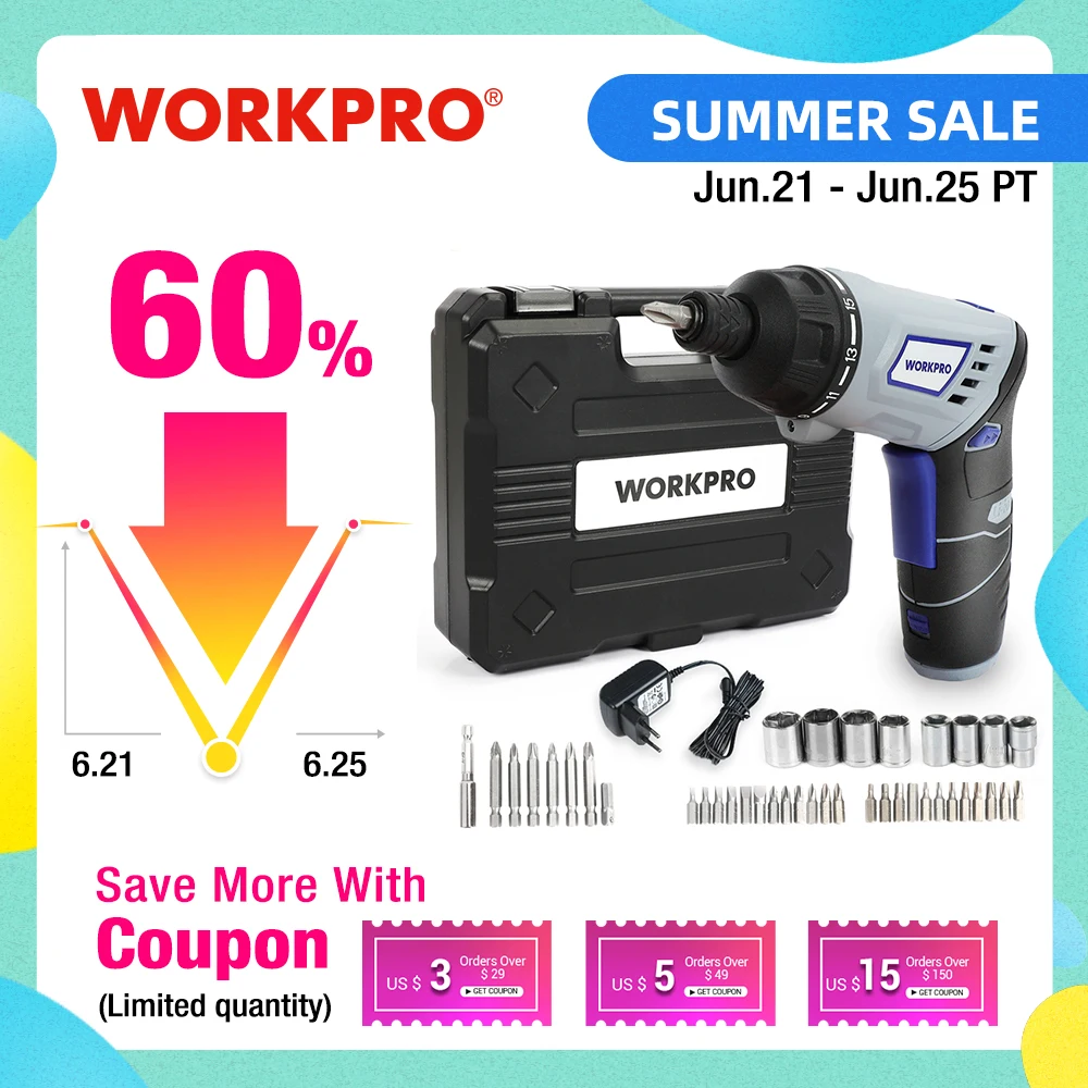 Шуруповерт WORKPRO Аккумуляторный с литиевым аккумулятором 3 6 В|Электрические
