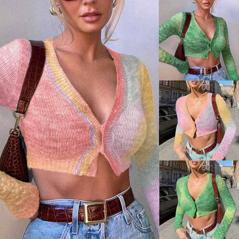 

Tie Dye Y2K Cardigan Print Kawaii Clothes Button Up V Neck Slim Sweaters Women Long Sleeve Autumn Knitwear Pink