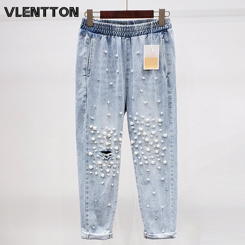 Женские джинсовые шаровары с жемчужинами и стразами повседневные свободные