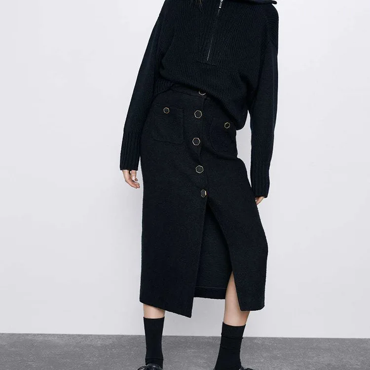 Женская юбка осенне-зимняя высокая талия облегающая винтажная с разрезом