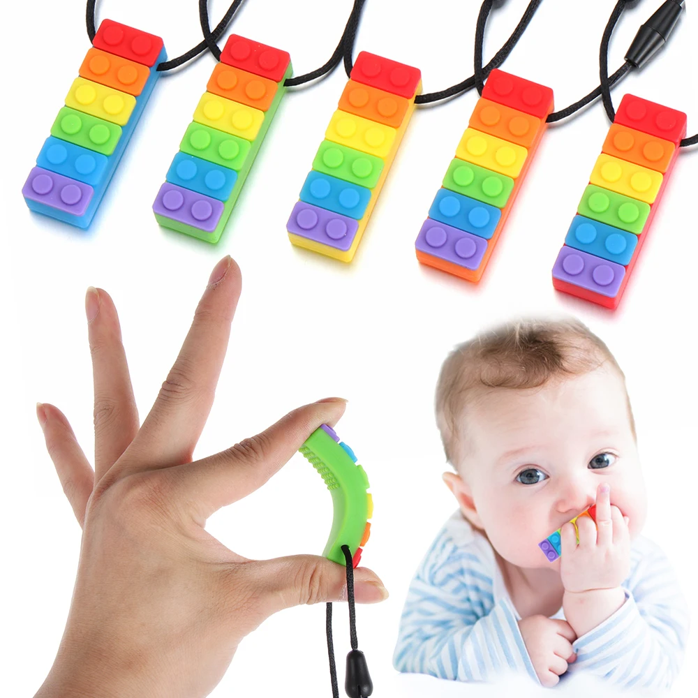

1Pc Durable Portable Teething Stick Rainbow Brick Silicone Teether Baby Kids Chew Toy Necklaces Food Grade Materials Tool