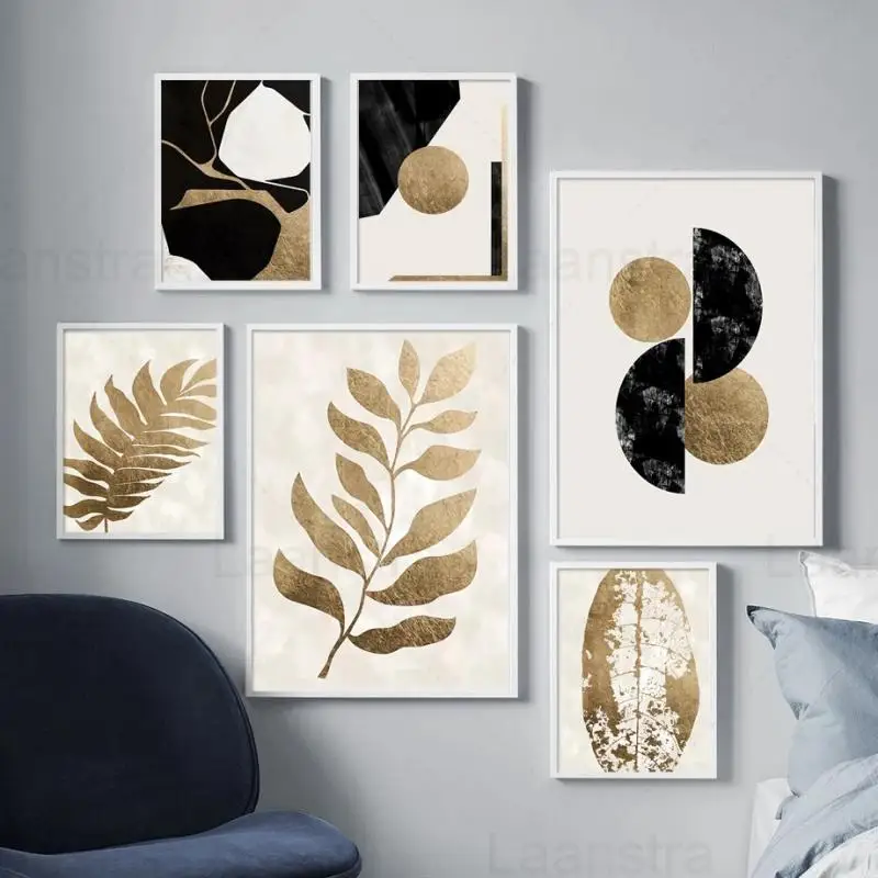 

Luxury Wall Art Abstract Geometric Black Golden Plant Leaves Canvas Prints Painting Home Decor Posters Living Room Wall Picture