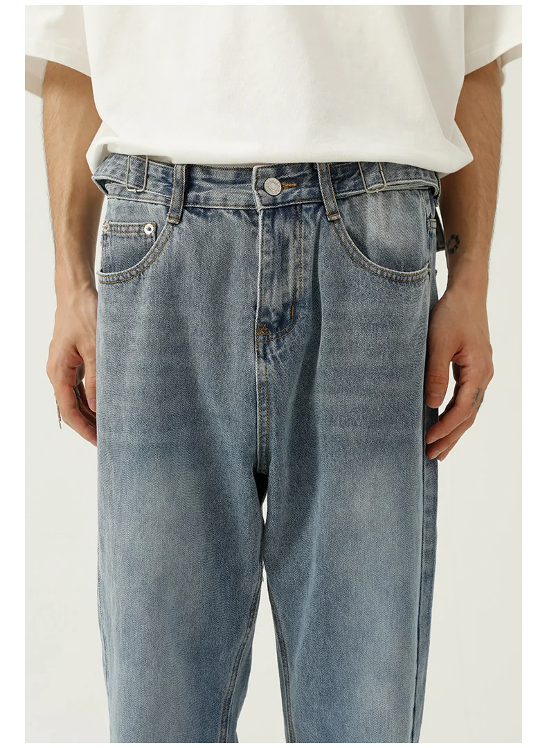 

IEFB Men's Belt Design Bleu Jeans Korean Trend Vintage Wide Leg Straight Casual Denim Trousers 2021 New Tide Streetwear 9Y8036