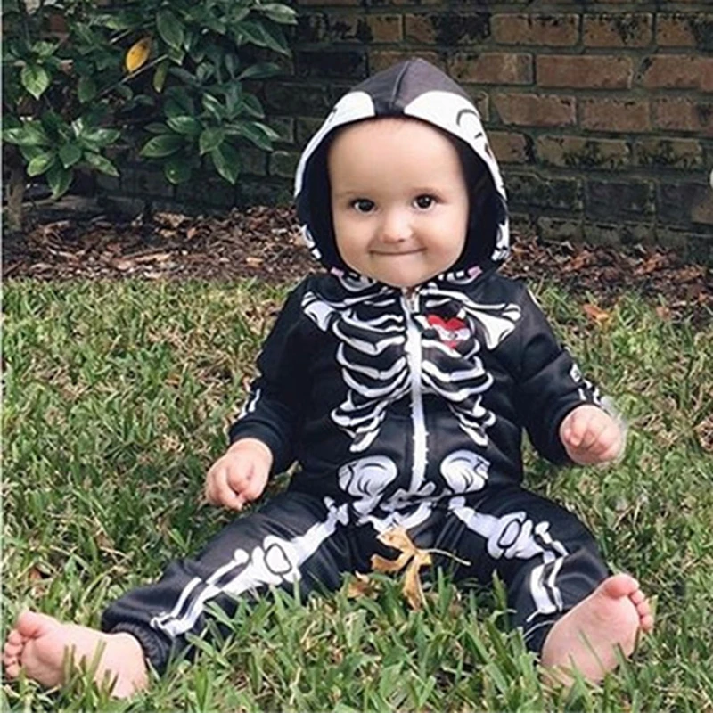 

Infant Kids Boy Girl Skull Long Sleeve Jumpsuit Baby Zipper Hooded Romper Halloween Hooded Outfits Sets Cosplay Bodysuits