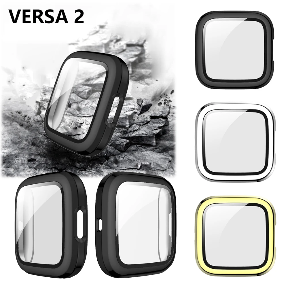 Full Cover Plating PC Case with 9H Hard Tempered Glass Screen Protector Smart Watch Accessories for Fitbit Versa 2 | Наручные часы