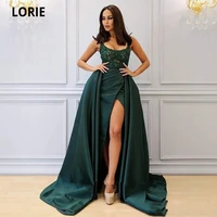 lorie elegant dark green a line formal evening dresses with overskirt scooped appliqued beading high split prom dresses