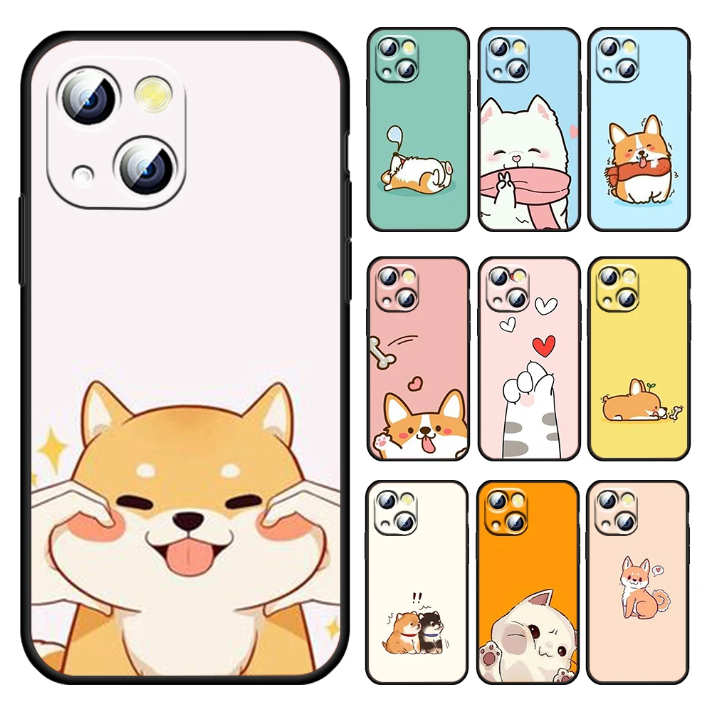 

Cartoon puppy corgi For Apple iPhone 13 12 11 Pro mini XS MAX XR X 7 8 6 5S Plus Silicone Soft Black Phone Case