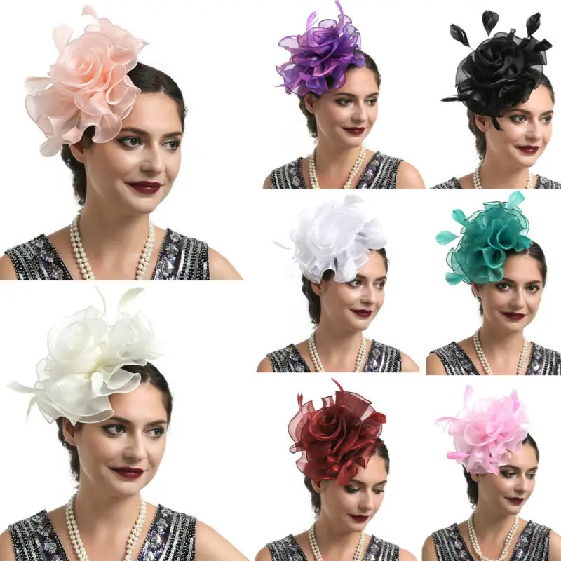 Новые женские ленты с цветами из перьев Сетчатый верх крупной ячейкой Вуаль