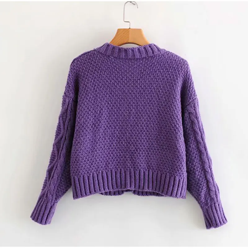 Women Retro Rib Cropped Cardigans Sweaters With Button Female Thick Loose Short Sweater V-Neck Long Sleeve Knitted |