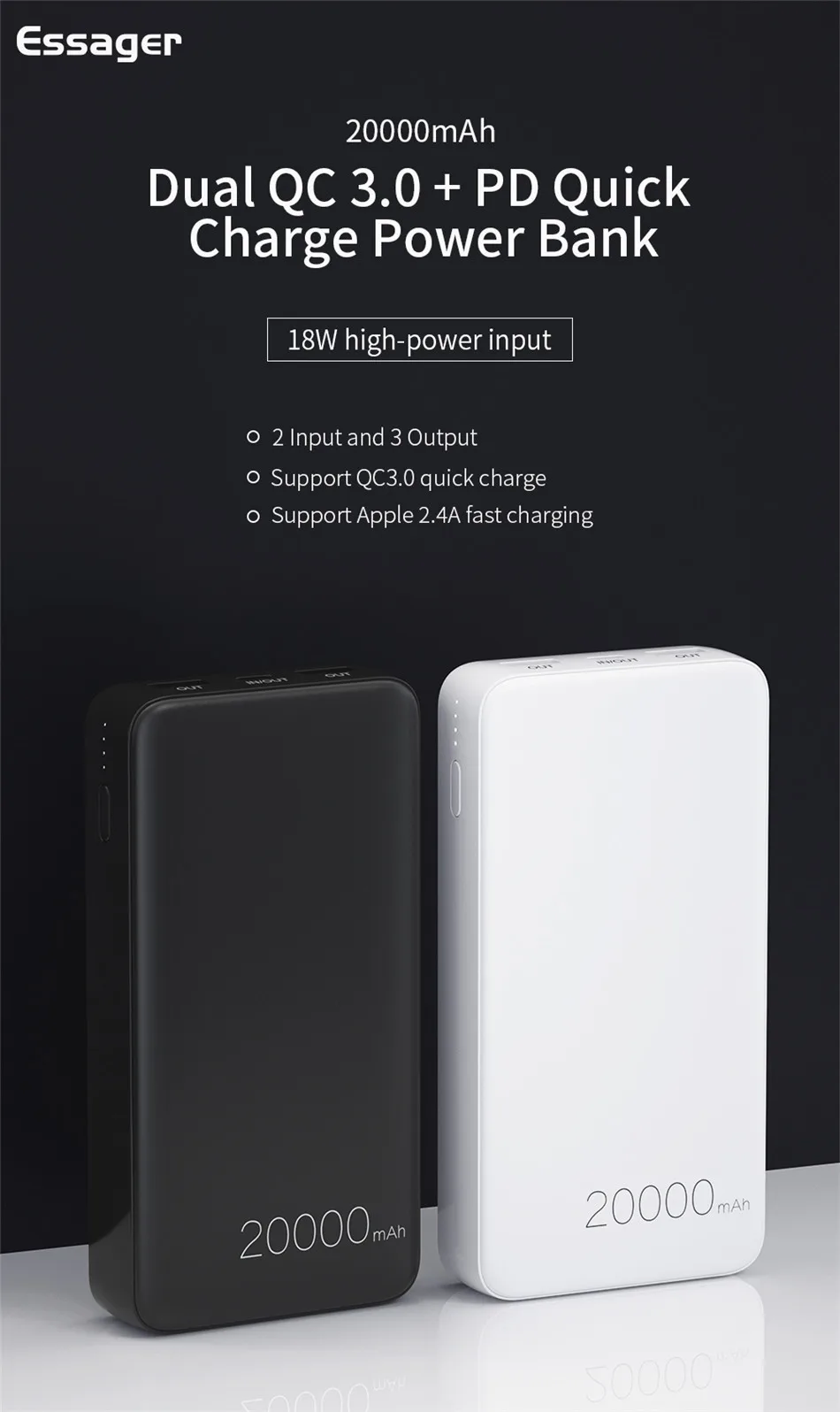 Essager, 20000 мА/ч, зарядное устройство, быстрая зарядка, 3,0 USB C PD, быстрая зарядка, 20000 мА/ч, зарядное устройство для Xiaomi, портативное зарядное устройство, внешний аккумулятор