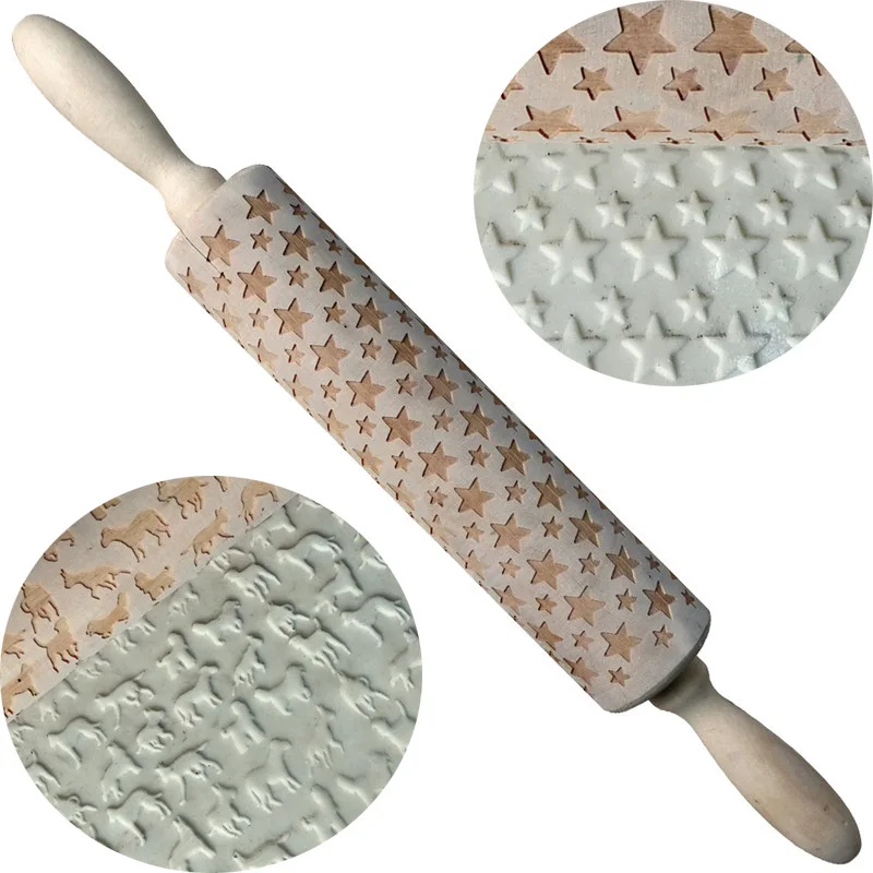 Рождественские деревянные рельефные Скалки выгравированы роллер звезда собака