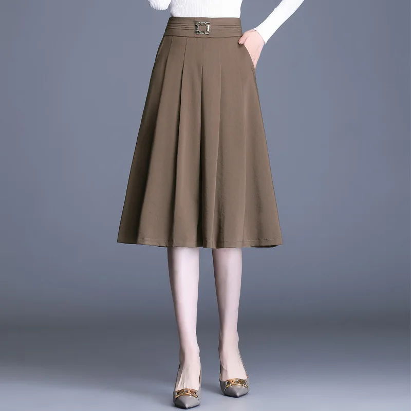 

Autumn Spring Elastic High Waist Loose Casual Mid-long Black Pleated Skirt Women Elegant Khaki Skirts Office Lady 1821