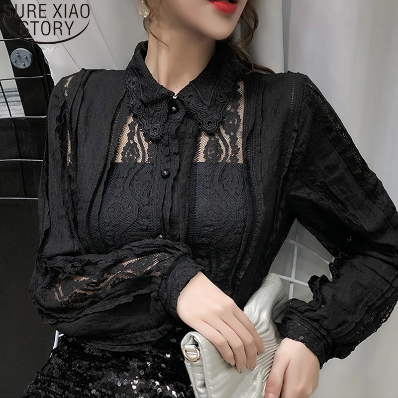 Осенняя кружевная рубашка с длинным рукавом женские сексуальные абрикосовые