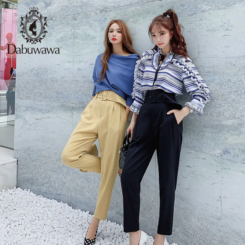 

Dabuwawa Elegant Frill Trim Belted Detail Solid High Waist Pants Women Fashion Elastic Waist Skinny Carrot Pants DN1CNT002