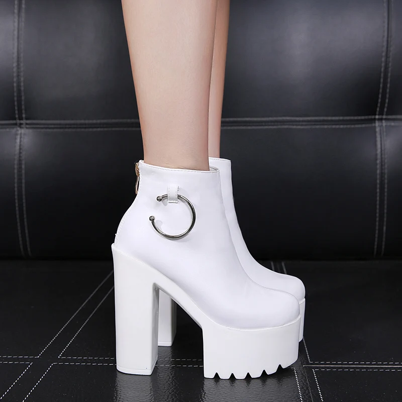 

Europe and America Sexy White Super High-Heel Short Boots Muffin Thick-Soled Womens Ankle Boots Catwalk Square Heel Women Boots