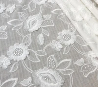 embroidered cotton lace fabric with milk silk 3d flower in off white by the yard