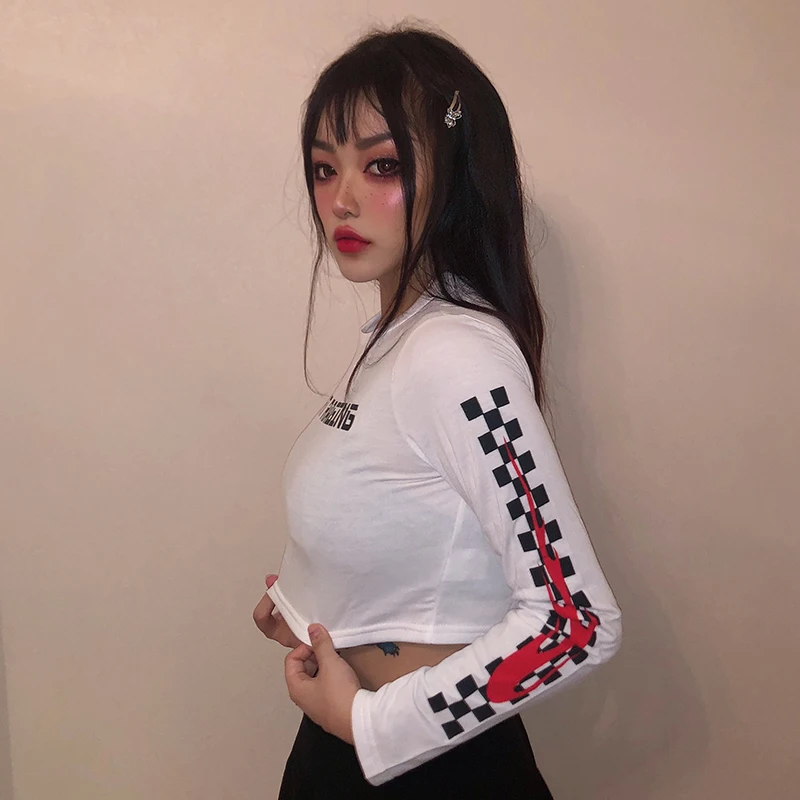 Gagaopt Весна/Лето новинка футболка с открытым животом длинным рукавом женский