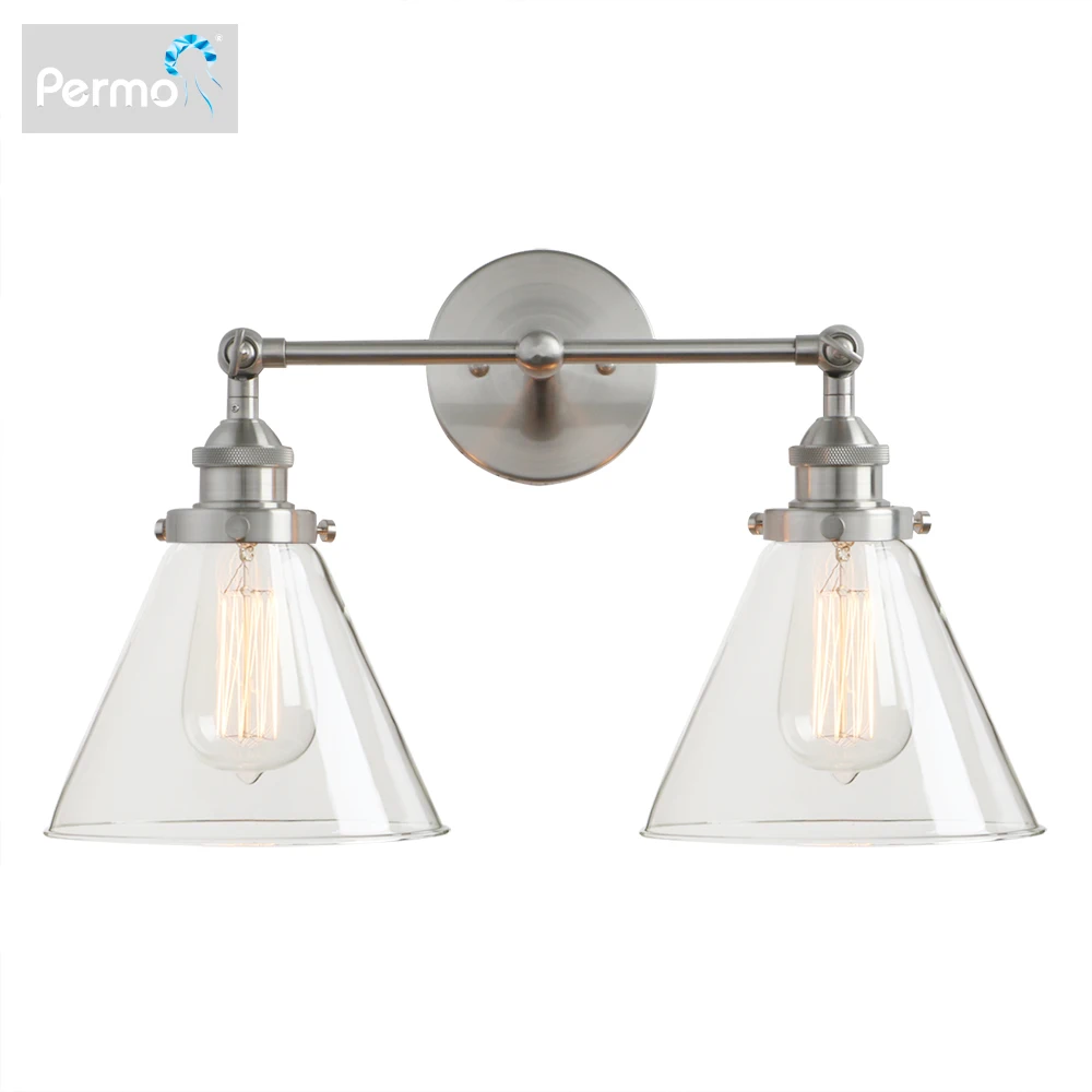 

permo Modern 7.3'' Funnel Glass Loft Metal Double Heads Wall Light Retro Brass Country Style E27 Edison Sconce Lamp Fixtures