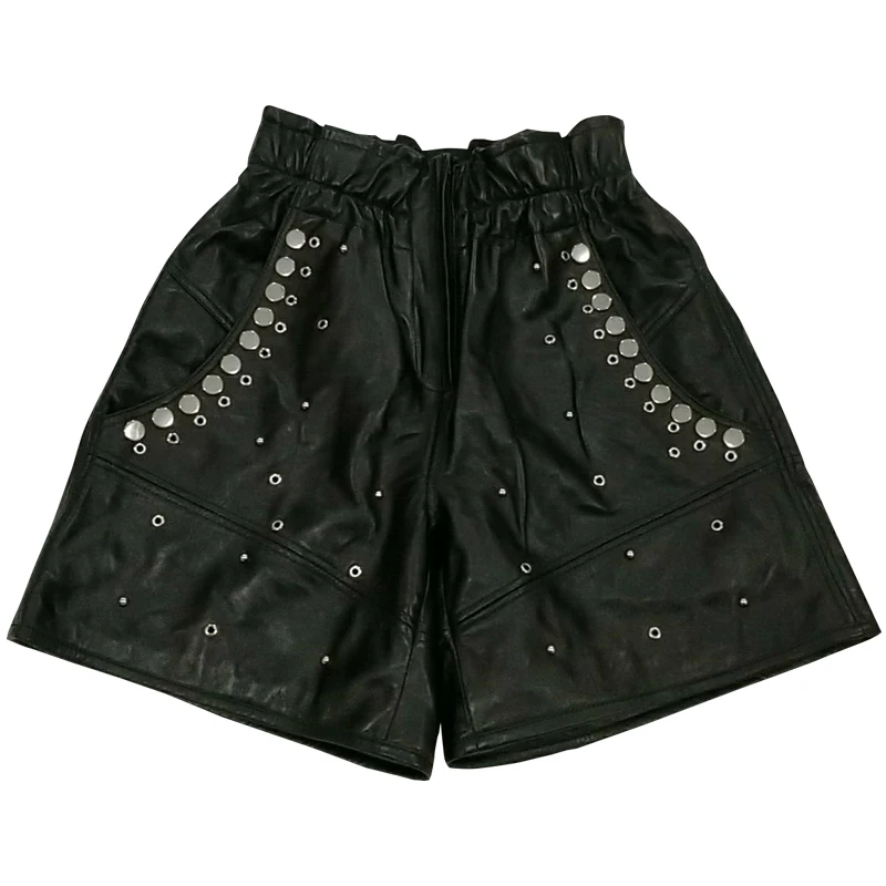 

New Spring 2021 Autumn Womens Sheepskin Shorts Luxury Genuine Leather Rivet Shorts Female Loose Fit High Waist Wide Leg Shorts