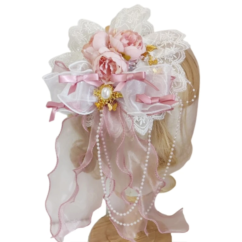 

Lolita Girls Sweet Lace Bonnet Top Hat Rose Flower Ribbon Tassels Pearl Chain Flat Cap Anime Kawaii Cosplay My26 21 Dropshipping