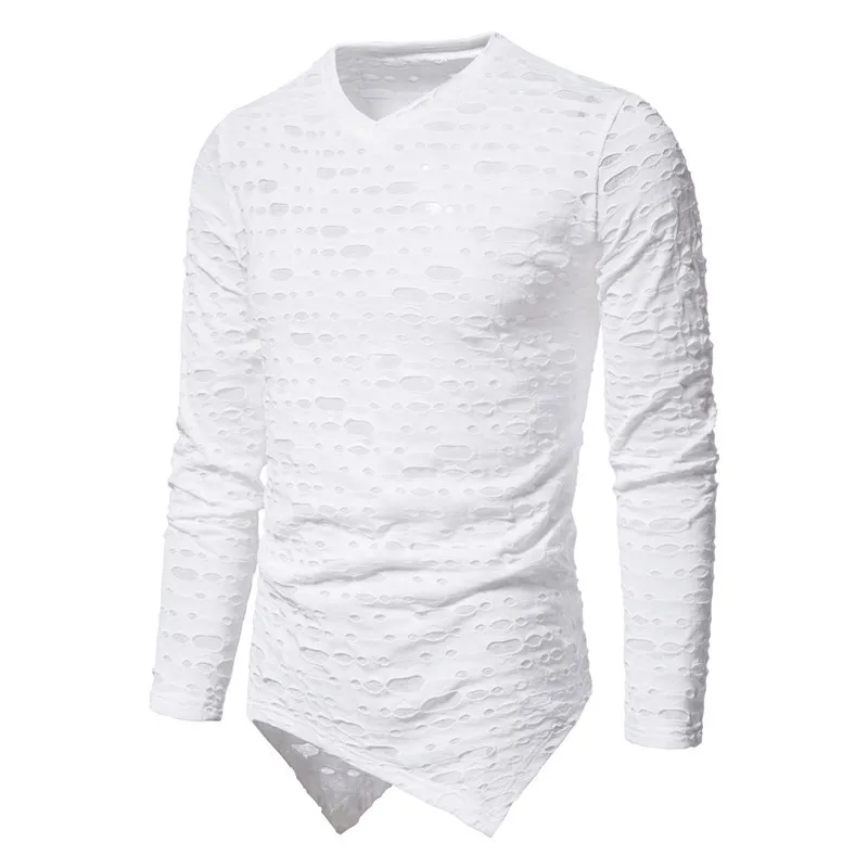 

Destroyed Ripped Holes V-neck T shirt Men's Harajuku Hip Hop Long Sleeve Tshirt Goth Punk Clothes 6 Colors Camiseta Hombre