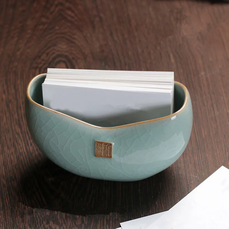 Longquan-soporte de tarjeta de visita Celadon, estante de escritorio, caja de almacenamiento, nubes de cerámica, organizador de escritorio, 1 ud.