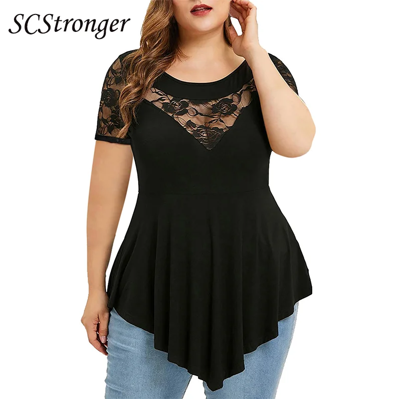 

SCSTRONGER Summer Female Large Size Flower Lace Short Sleeved Irregular Hem See Through Round Neck Blouse Plus La Taille Tops