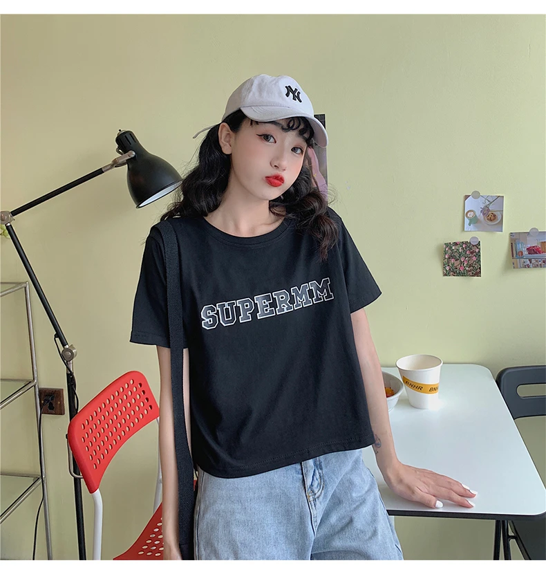 

Summer New Cotton T-Shirt Female Japan Korean Harajuku Style Casual Loose O-Neck Letter Print Pattern Short Sleeve Women Tops