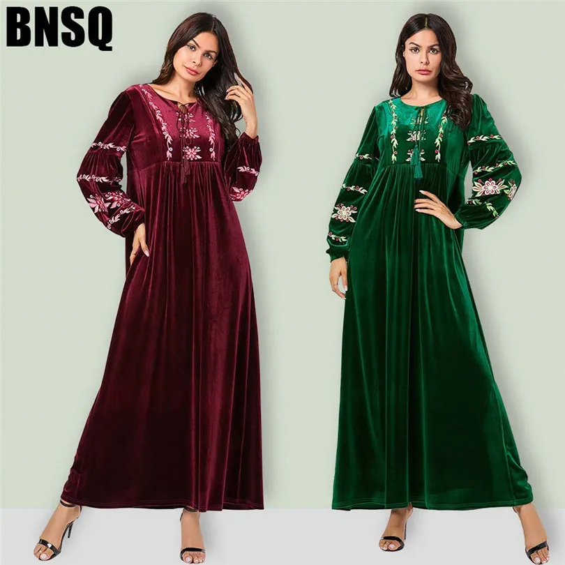 Арабское золото бархат вышитые абайя Зима красное вино зеленый мусульманское