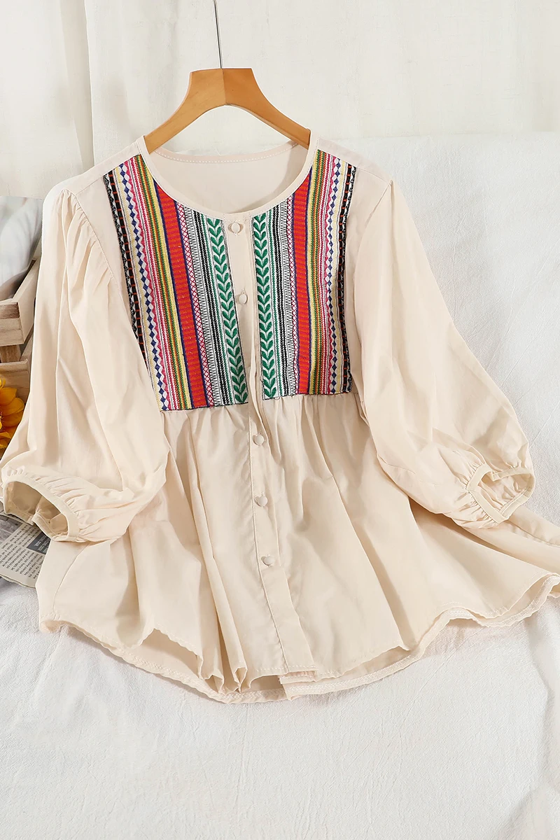 

Retro Chiffon Women Blouse Top 2021 Summer Embroidered Printed Stitching Button Up Shirt Puff Sleeve Loose Plus Size Blusas Tops