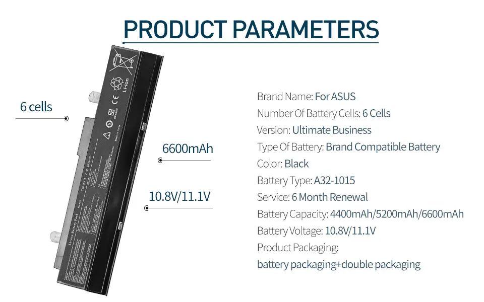 6 Cell Аккумулятор для ноутбука Asus Eee PC 1015PD 1015PEB 1015PEG 1015PEM 1015T 1016 1016PE 1016PEB 1016PN 1016PT AL31-015 A32-1015