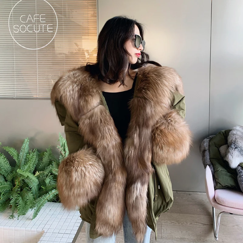 Роскошная женская меховая одежда на утином пуху енота куртки средней длины с