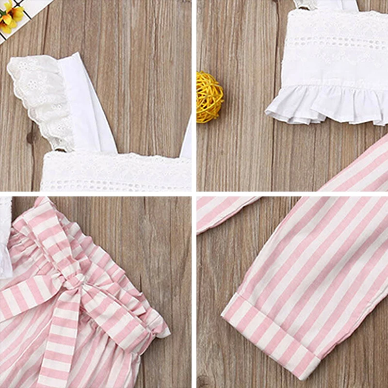 

Girl Set 2021 New Summer Clothing Toddler Kids Baby Girls Clothes Ruffle Strap Crop Tops Lace Vest Long Stripe Pants Girl Suit