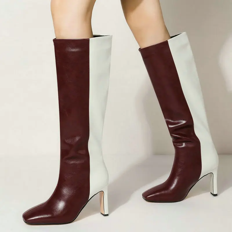 

2021 Autumn Winter Women Knee High Boots Faux Leather Mixed Color Women Thick High Heel Boots Fashion Square Toe Slip on Shoes