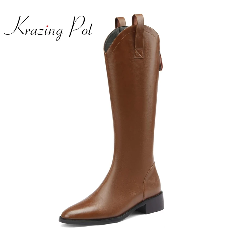 

krazing pot hot sale cow split leather pointed toe med heel western boots mature lady daily wear back zip thigh high boots L56
