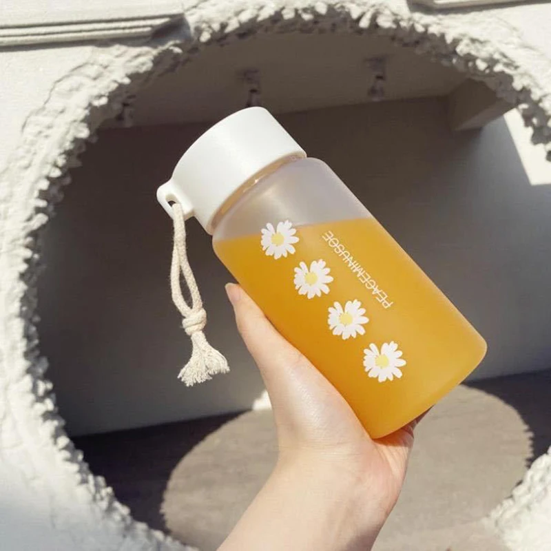 

500ml Small Daisy Transparent Plastic Water Bottle Portable Frosted Water Bottle With Rope High Capacity Outdoor Travel Tea Cup
