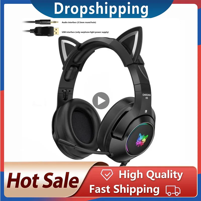 

New K9 Black Demon Version Cat Ear Gaming Headphones With Mic RGB Luminous Mobile Phone Computer Noise Reduction Headset