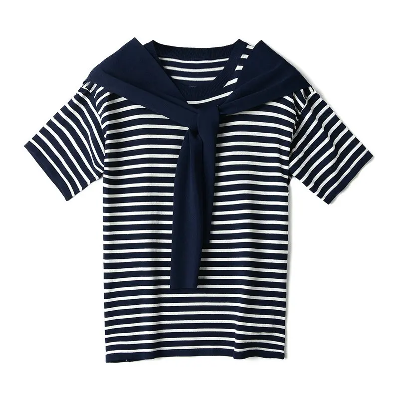 

Women T Shirt Navy Striped Fake Two Piece Knitted Tshirt 2021 Summer Short Sleeve O Neck Chic Casual Tee Shirts Femme