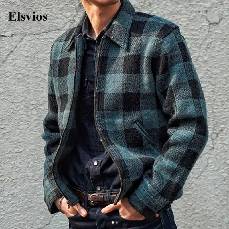 

Модная Клетчатая Мужская куртка в стиле Харадзюку в стиле ретро 2021, зимнее пальто с отворотом и длинным рукавом, мужские повседневные дизай...