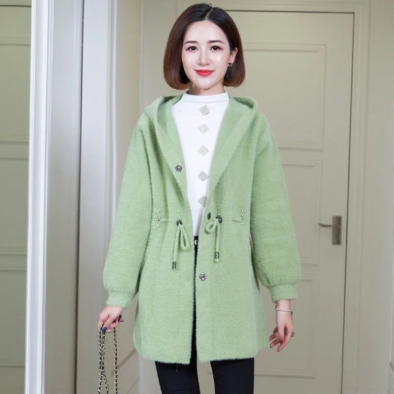 Купить Женский вязаный кардиган с капюшоном из меха норки, модный осенний свободный свитер с длинным рукавом, повседневные толстые однотонные жен...