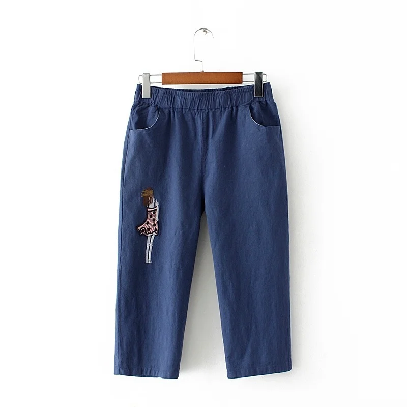 

Plus Size Summer Cropped Pants Slim Stretchable Girl Embroidery 3/4 Trousers