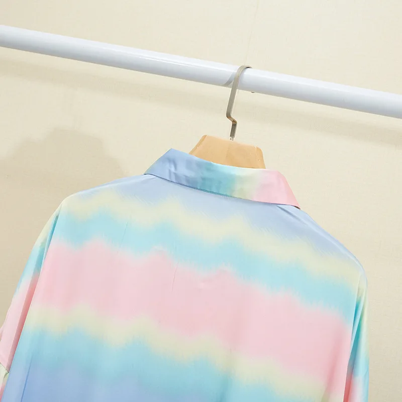 

Lady Print Rainbow Stripes Rayon Nightgown Sexy Shirt Collar Skirt Nightdress Lingerie Pocket Spring Summer New Loose Home Dress