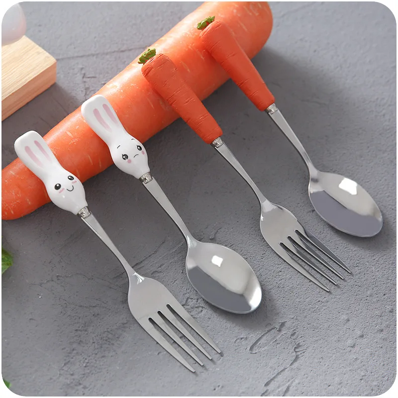 Набор столовых приборов Cartoon Stainless Steel Spoon Fork Cutlery Set Cute Children Tableware Rabbit Carrot Sets
